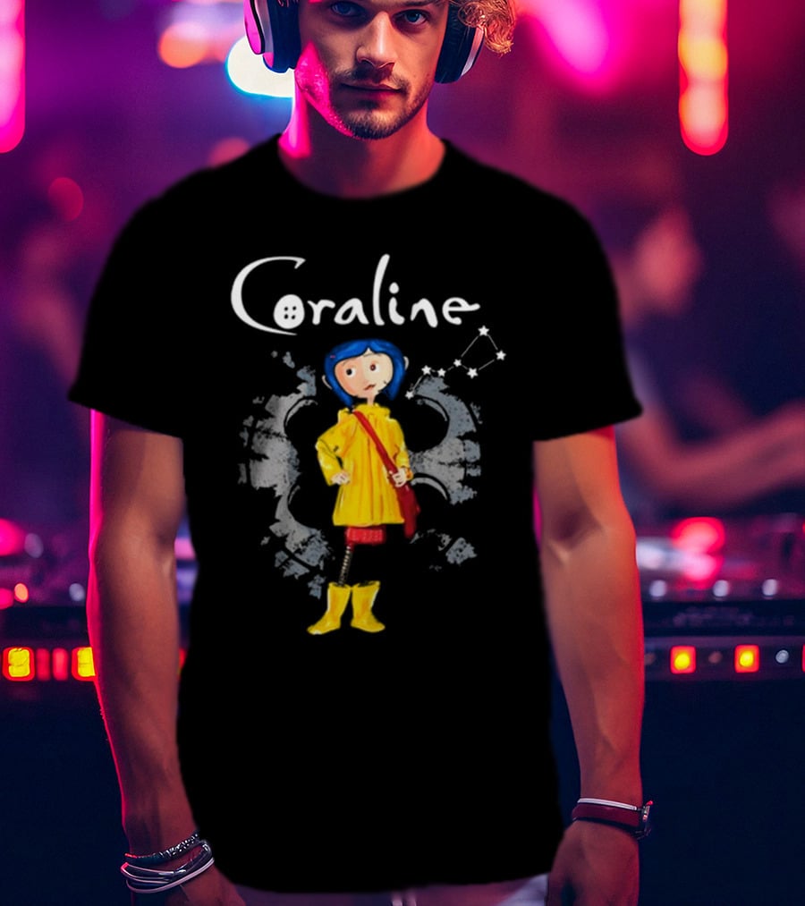 Coraline Character In Yellow Coat With Button Eyes And Star Constellation Background T-Shirt