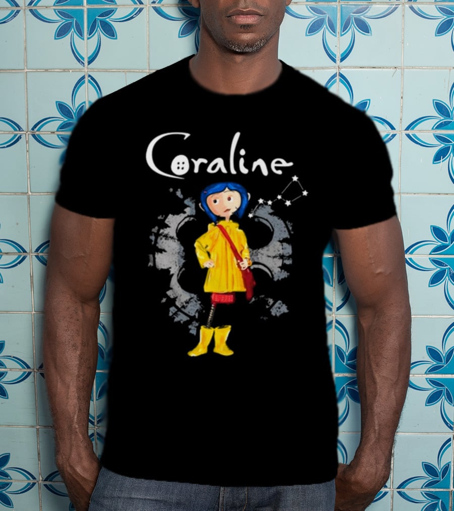 Coraline Character In Yellow Coat With Button Eyes And Star Constellation Background T-Shirt