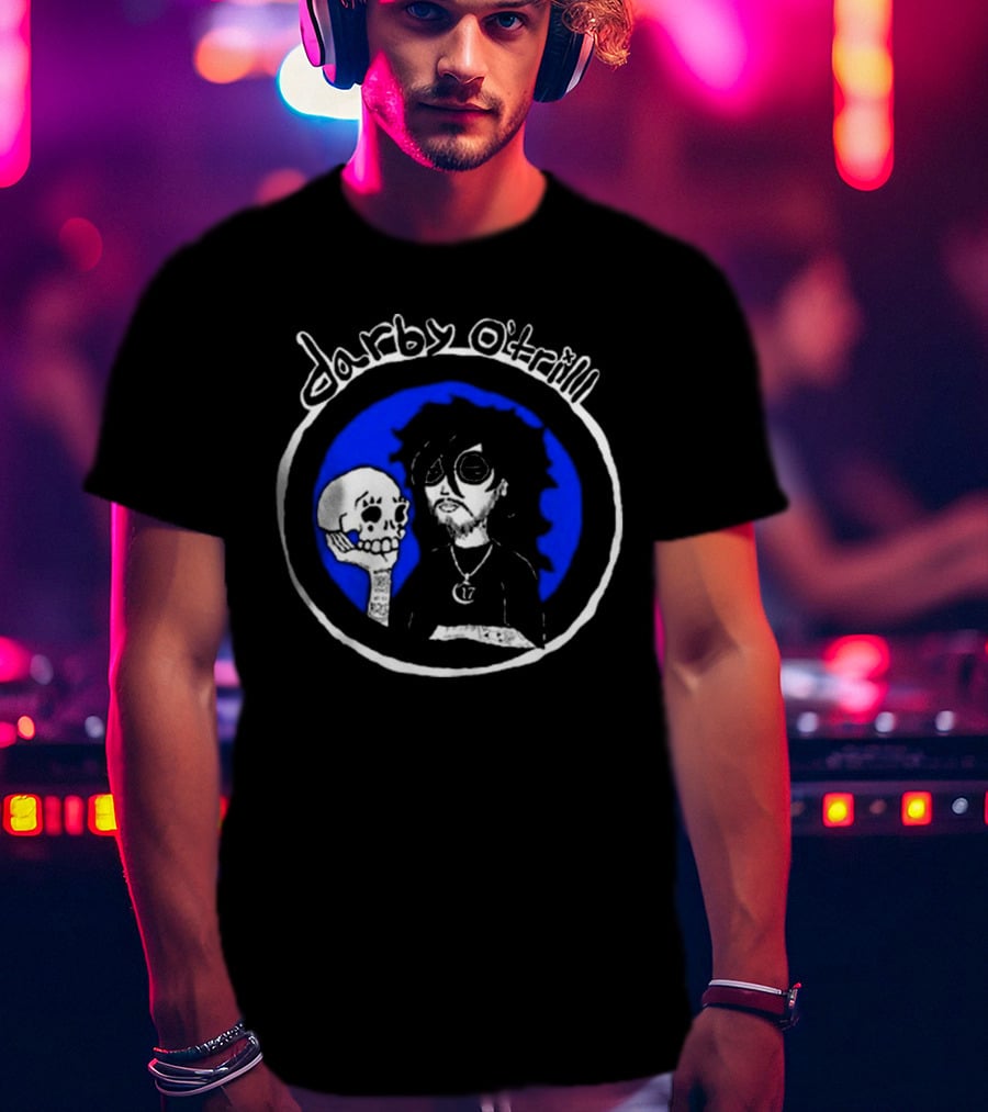 Darby O’trill Skull And Sunglasses Character With Blue Background T-Shirt