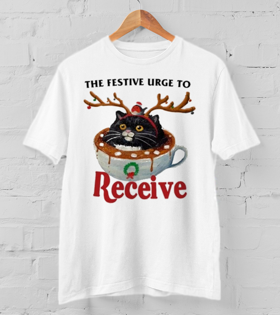 The Festive Urge To Receive Cat With Antlers In Christmas Cup T-Shirt