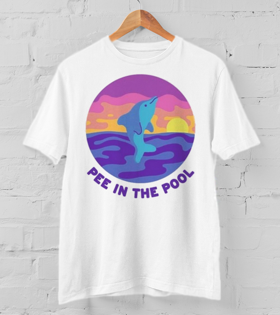 Pee In The Pool Dolphin Retro Sunset Ocean Scene T-Shirt
