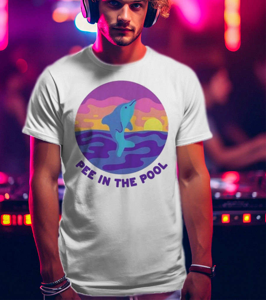 Pee In The Pool Dolphin Retro Sunset Ocean Scene T-Shirt