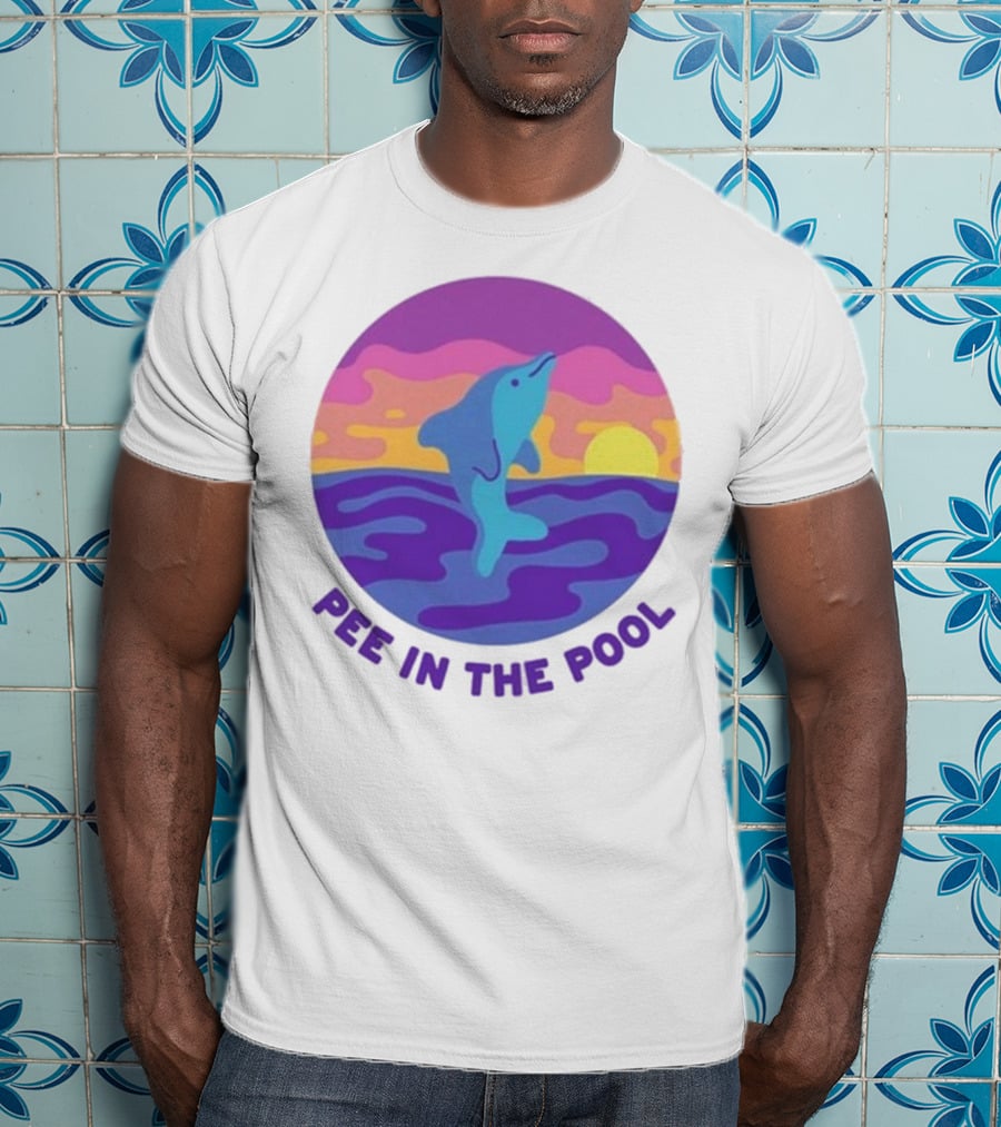 Pee In The Pool Dolphin Retro Sunset Ocean Scene T-Shirt