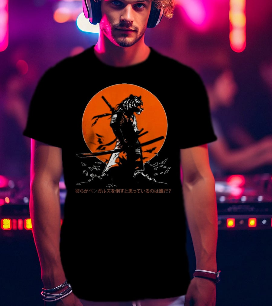 Katana Tiger Samurai With Japanese Text Orange Background T-Shirt