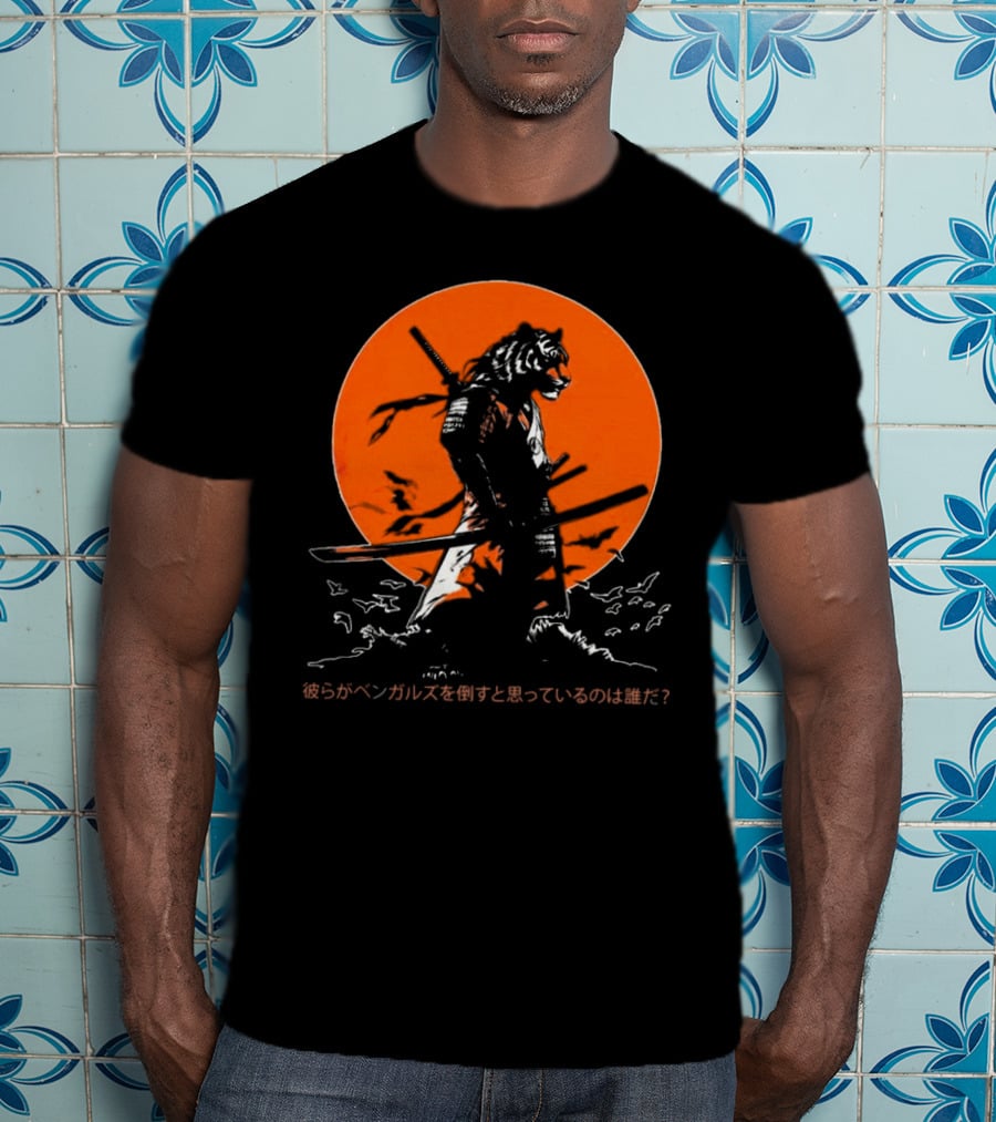 Katana Tiger Samurai With Japanese Text Orange Background T-Shirt