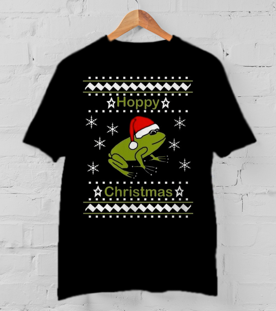 Hoppy Christmas Frog Wearing Santa Hat Surrounded By Snowflakes T-Shirt