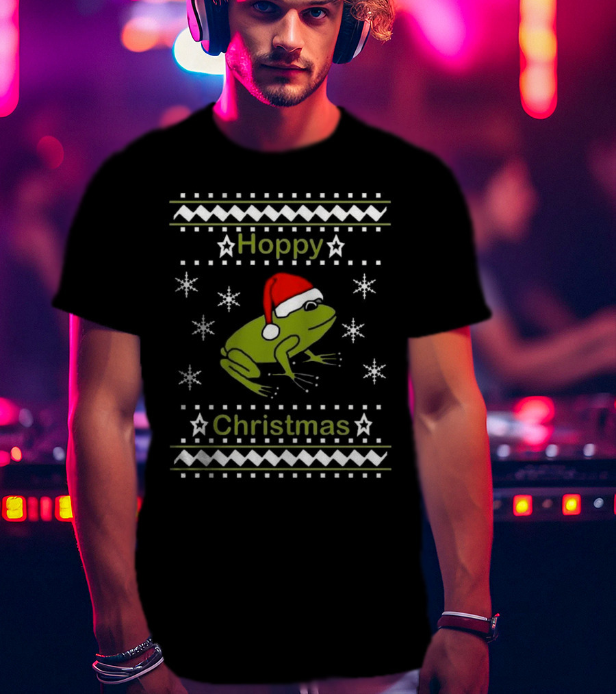 Hoppy Christmas Frog Wearing Santa Hat Surrounded By Snowflakes T-Shirt