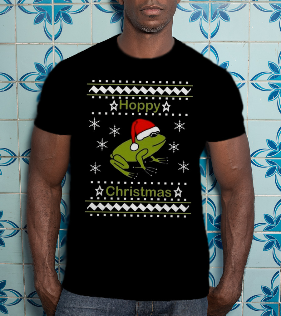 Hoppy Christmas Frog Wearing Santa Hat Surrounded By Snowflakes T-Shirt