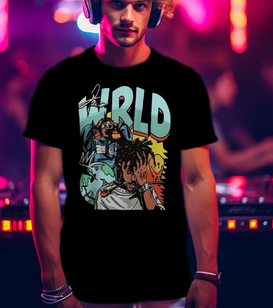 Juice WRLD Rapper Signature And Cartoon Globe With Crown T-Shirt