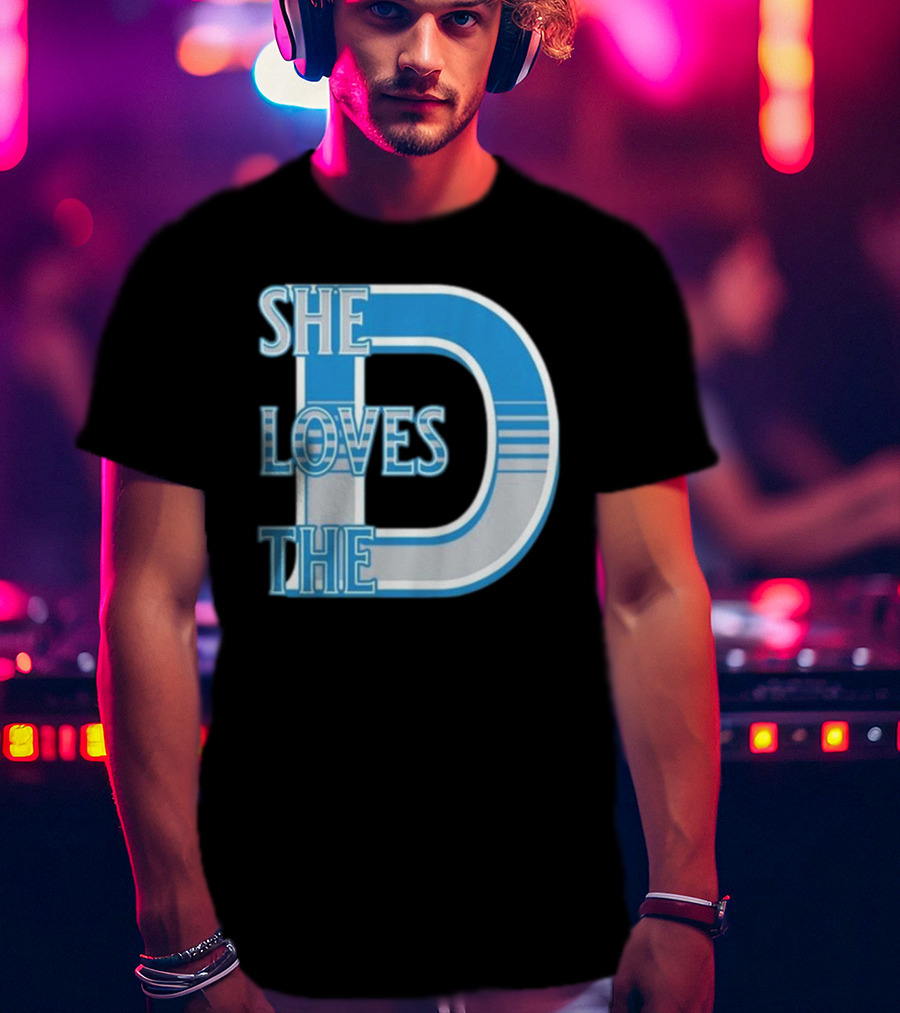 She Loves The D Detroit Blue Striped Lettering T-Shirt