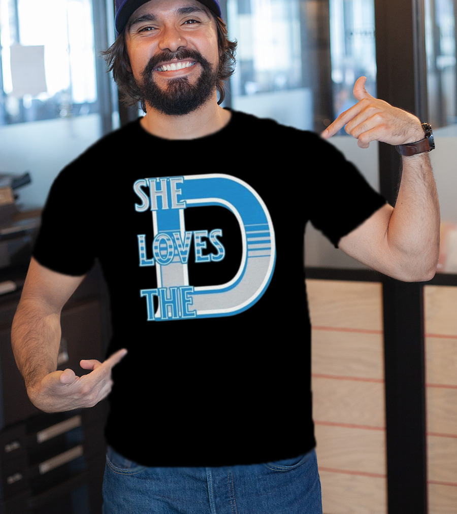 She Loves The D Detroit Blue Striped Lettering T-Shirt