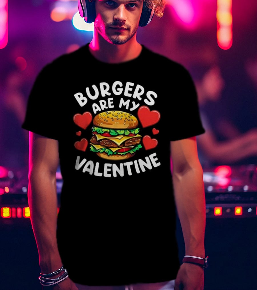 Burgers Are My Valentine Surrounded By Red Hearts T-Shirt