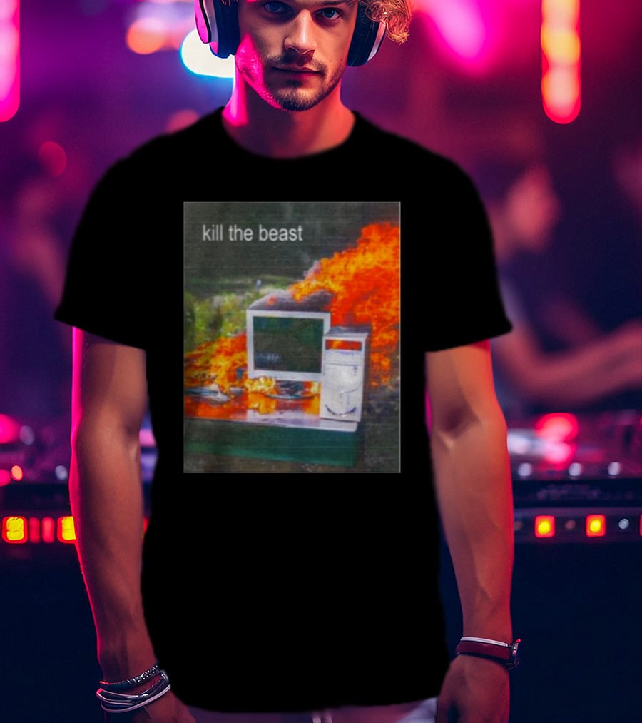 Kill The Beast Flaming Computer Dogecore Duel Monitors T-Shirt