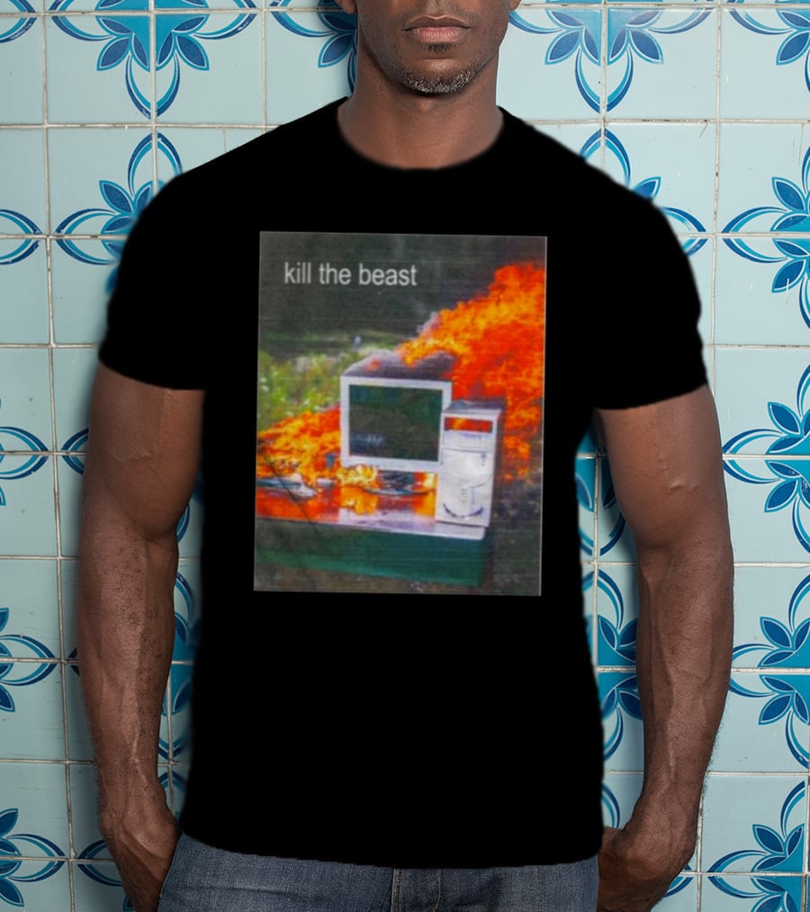 Kill The Beast Flaming Computer Dogecore Duel Monitors T-Shirt