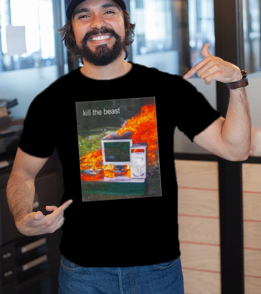 Kill The Beast Flaming Computer Dogecore Duel Monitors T-Shirt