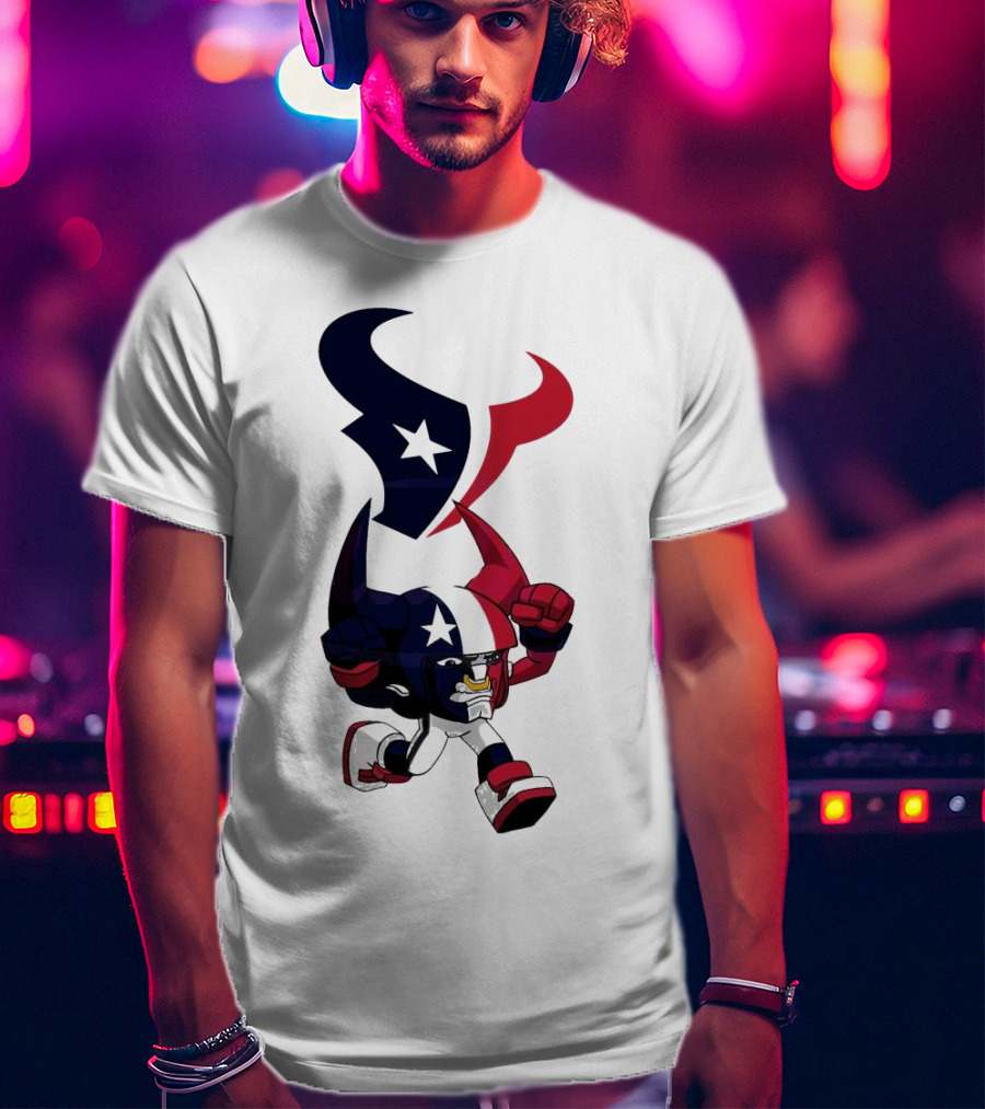 FL Rush Zone Houston Texans Cartoon Character 2025 Running Bull With Team Logo Star Helmet T-Shirt