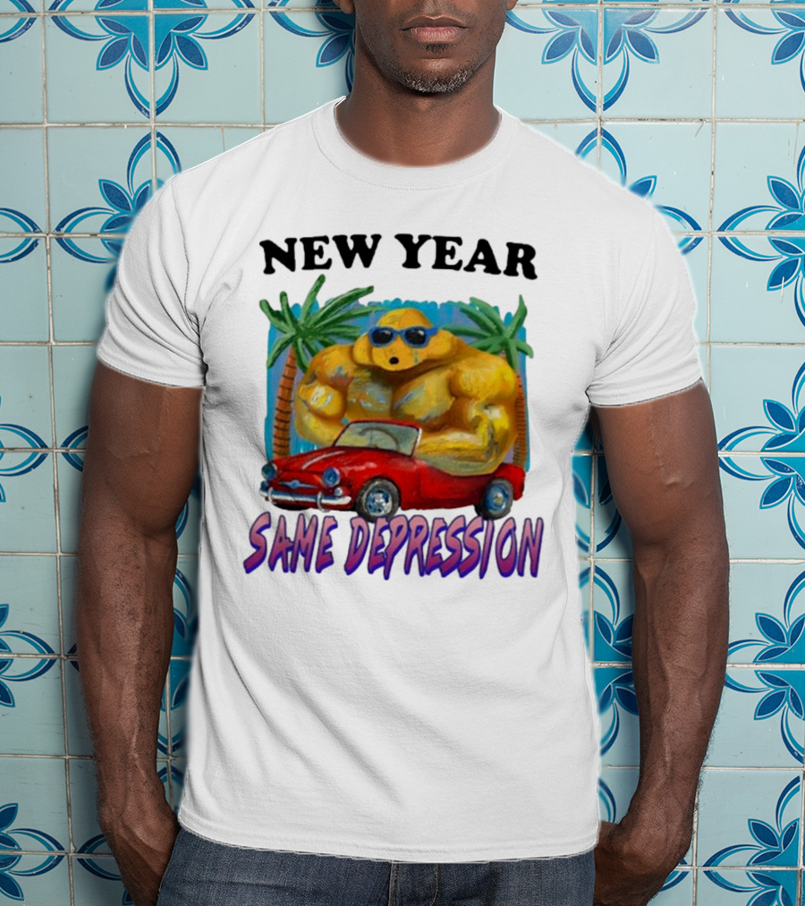New Year Same Depression Buff Duck Red Convertible Palm Trees T-Shirt