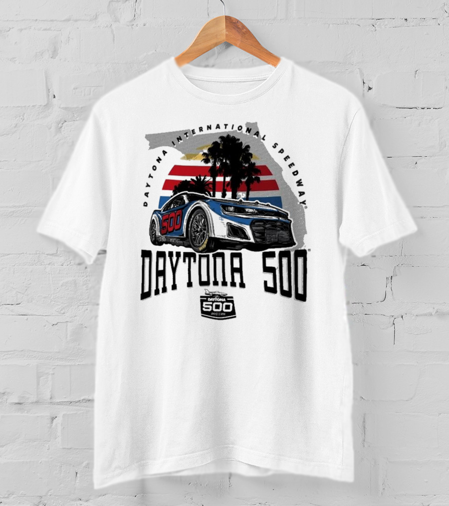 Daytona 500 Daytona International Speedway 2025 Racing Car Graphic With Palm Trees And Stripes T-Shirt