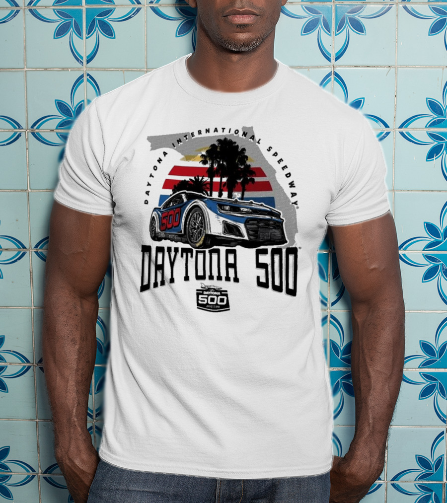 Daytona 500 Daytona International Speedway 2025 Racing Car Graphic With Palm Trees And Stripes T-Shirt
