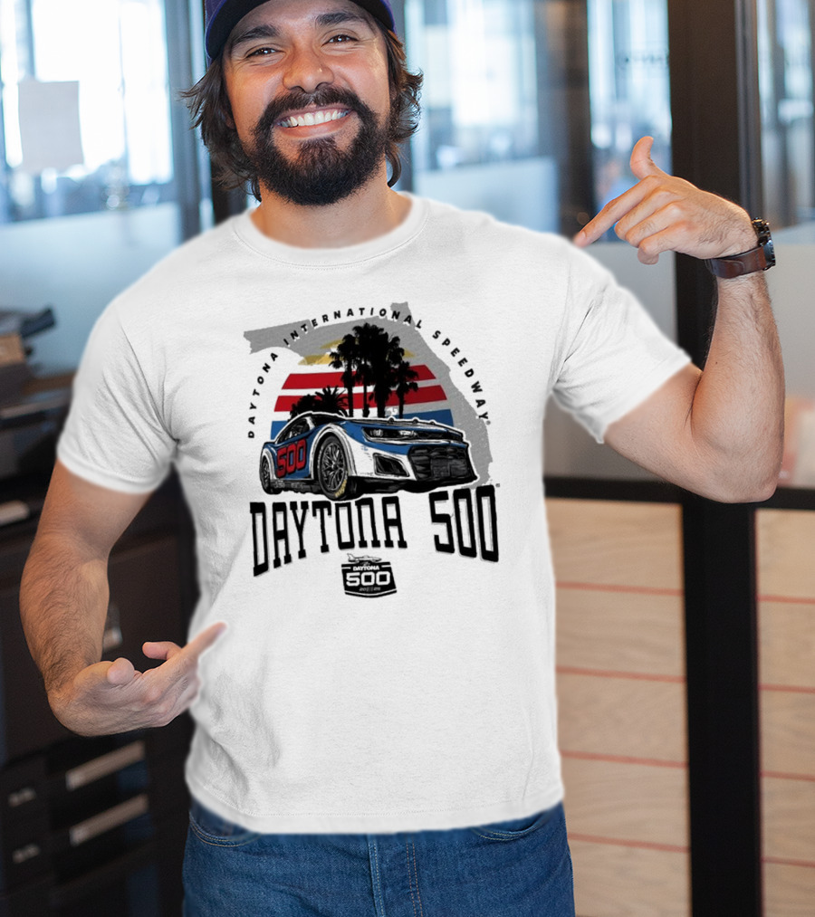 Daytona 500 Daytona International Speedway 2025 Racing Car Graphic With Palm Trees And Stripes T-Shirt