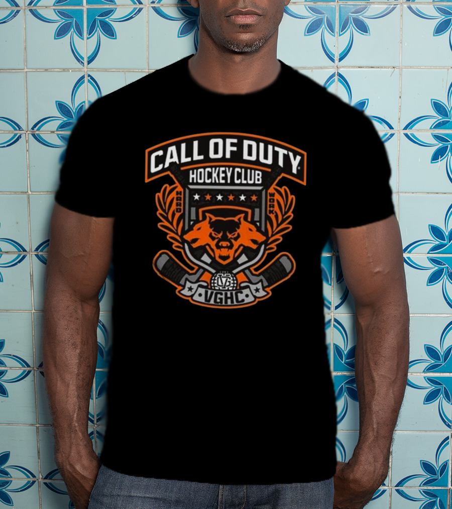 Call Of Duty Hockey Club VGHC Hard Work Bear Crest With Sticks And Stars T-Shirt