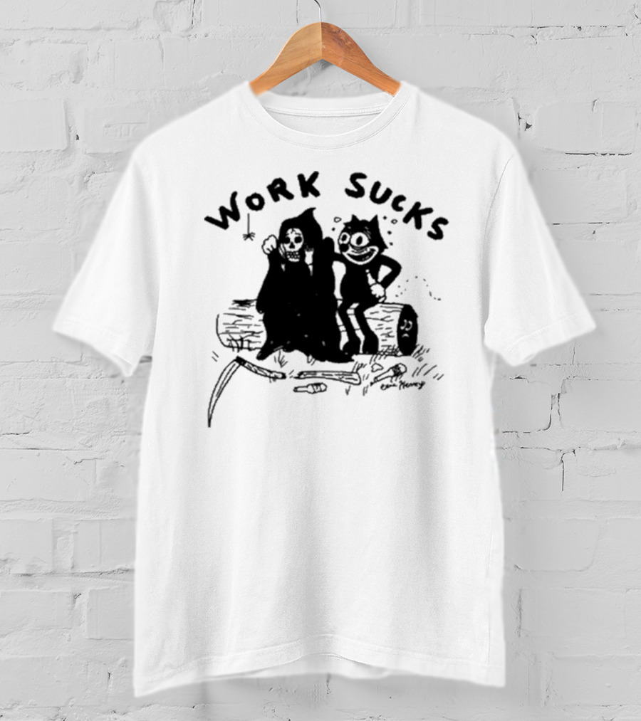 Heavyslime Work Sucks Grim Reaper And Cat Cartoon Comic Art By Eric Kenney T-Shirt