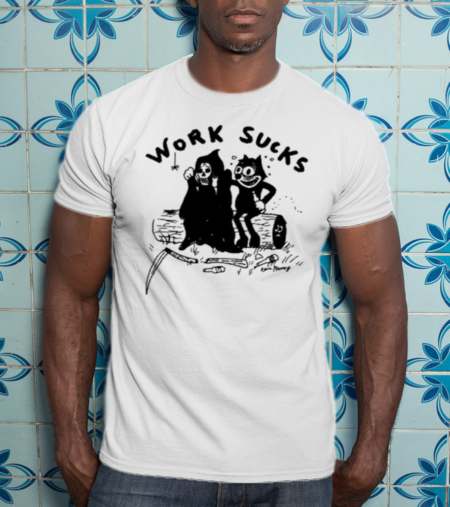 Heavyslime Work Sucks Grim Reaper And Cat Cartoon Comic Art By Eric Kenney T-Shirt