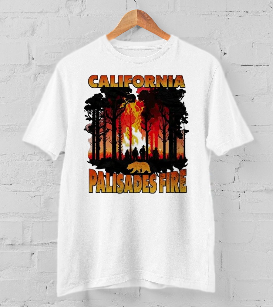 California Palisades Fire 2025 Forest Silhouette And Flames With Bear T-Shirt