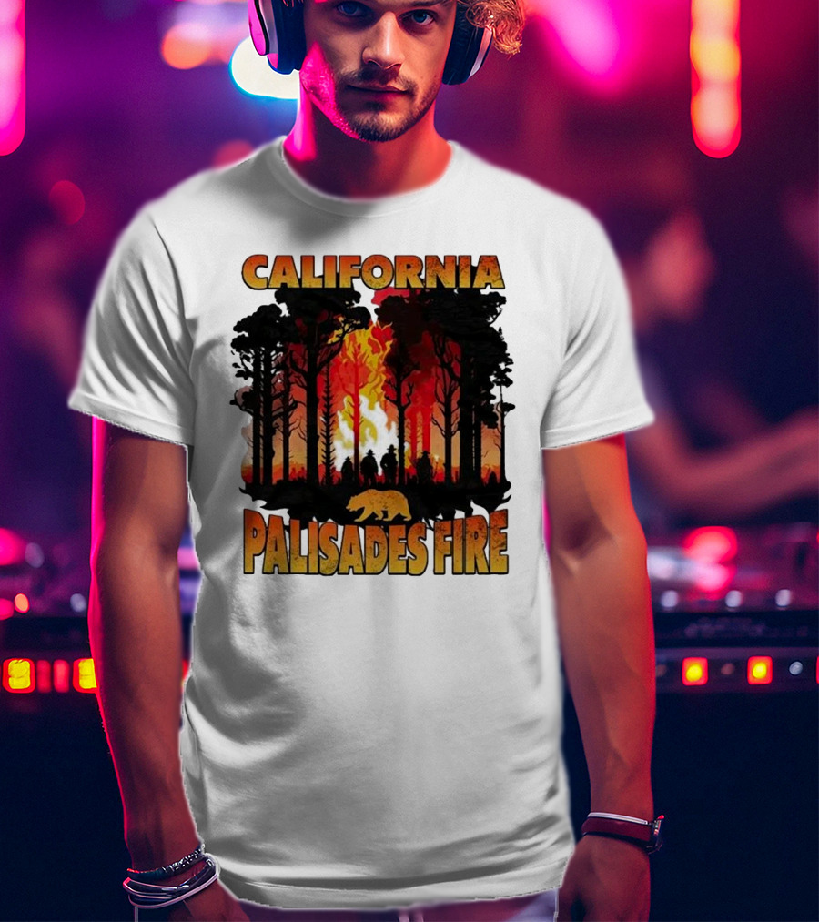 California Palisades Fire 2025 Forest Silhouette And Flames With Bear T-Shirt