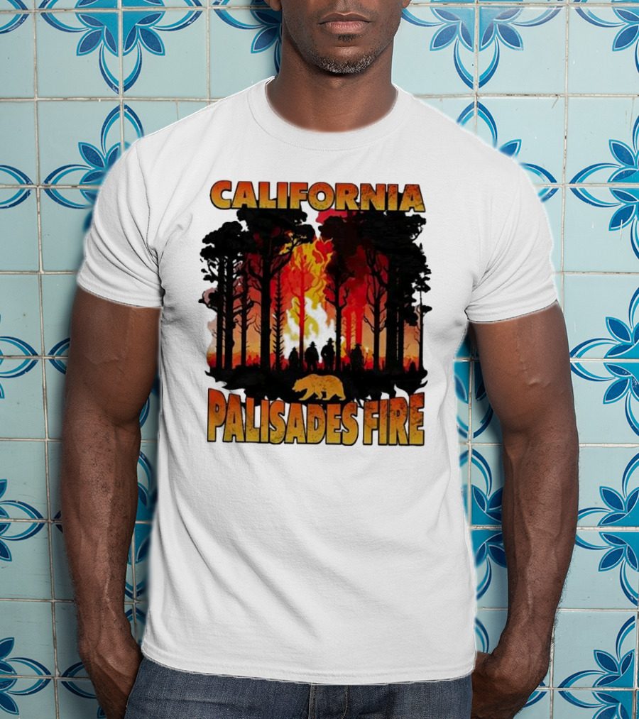 California Palisades Fire 2025 Forest Silhouette And Flames With Bear T-Shirt