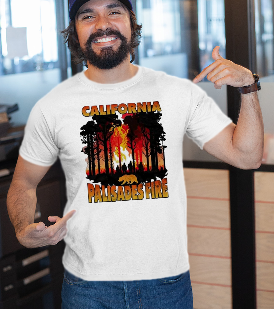 California Palisades Fire 2025 Forest Silhouette And Flames With Bear T-Shirt