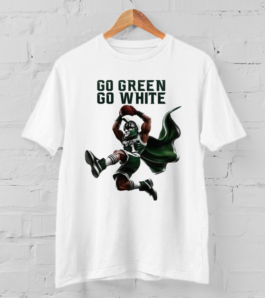 NCAA Michigan State Spartans Go Green Go White 2025 Mascot Dunking Basketball Player T-Shirt