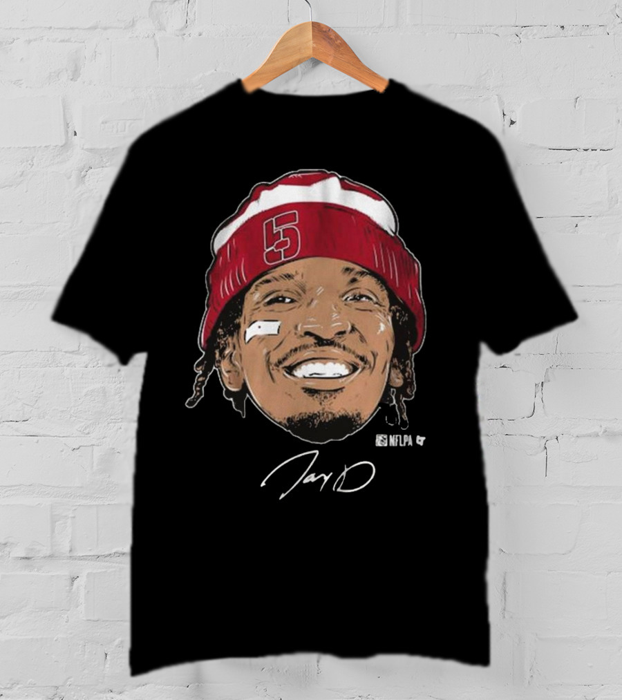 Jayden Daniels Face Bandage Signature NFLPA Number 5 Beanie T-Shirt