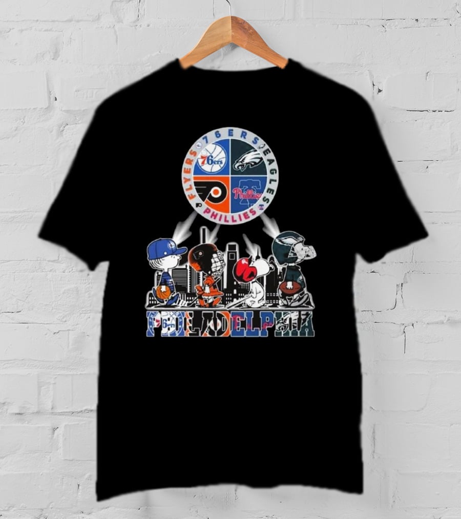 Peanuts Characters In Philadelphia Flyers 76ers Eagles Phillies Sports Mashup T-Shirt