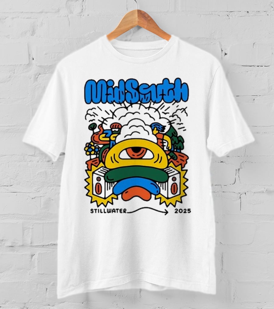 Mid South Stillwater 2025 Event Colorful Funky Cartoon Explosion T-Shirt