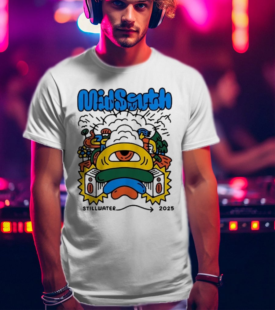 Mid South Stillwater 2025 Event Colorful Funky Cartoon Explosion T-Shirt