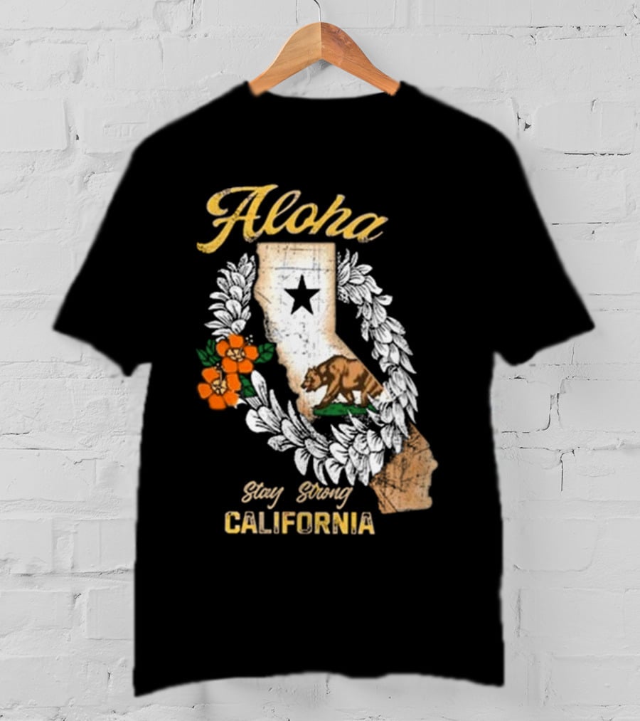 Aloha Stay Strong California Bear Star Map And Flower Garland T-Shirt