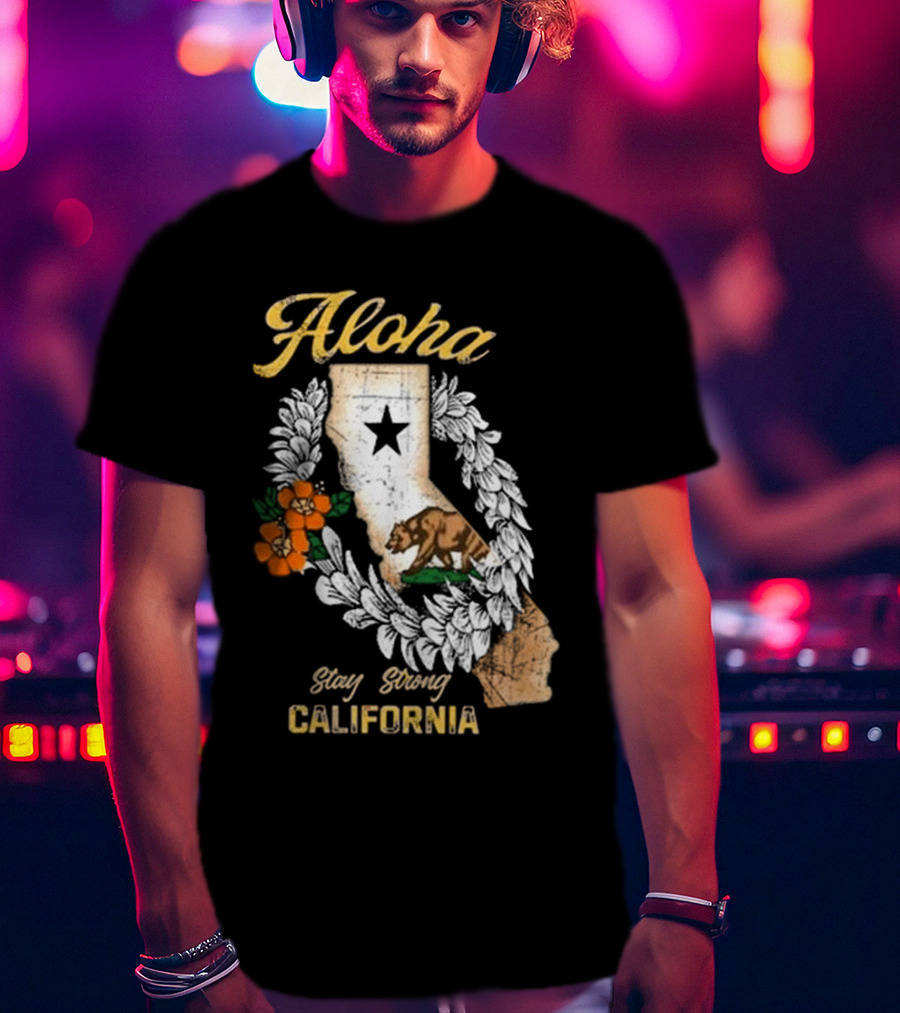 Aloha Stay Strong California Bear Star Map And Flower Garland T-Shirt