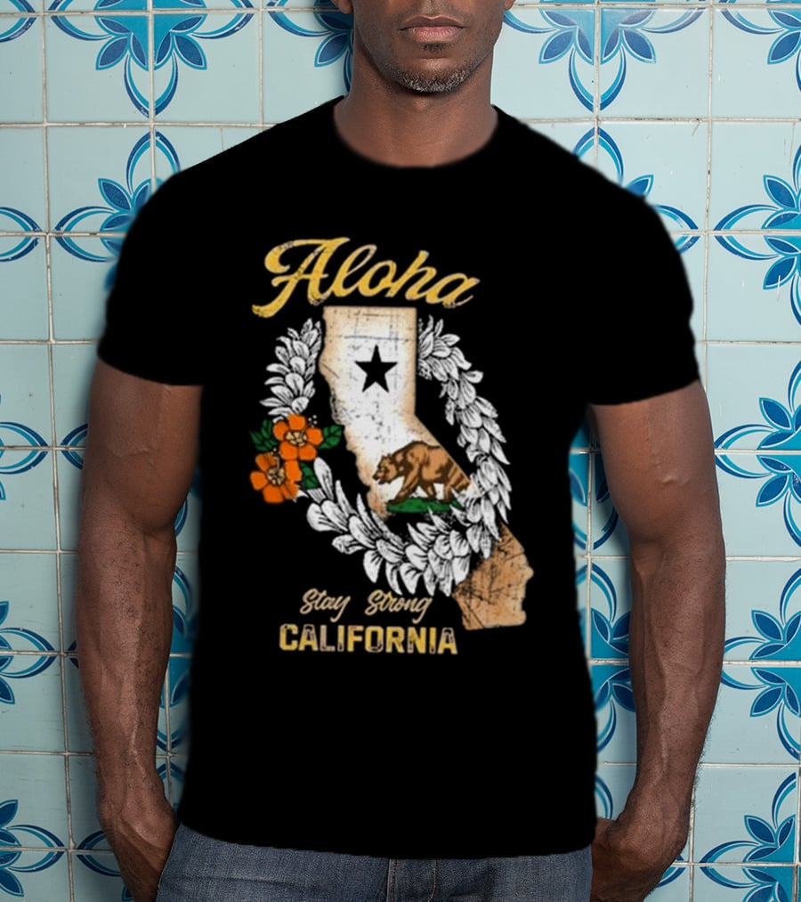 Aloha Stay Strong California Bear Star Map And Flower Garland T-Shirt