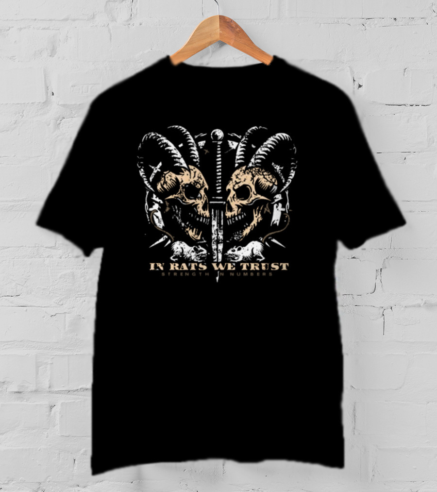 In Rats We Trust Strength In Numbers Gemini Rat Club Skulls With Swords And Horns T-Shirt