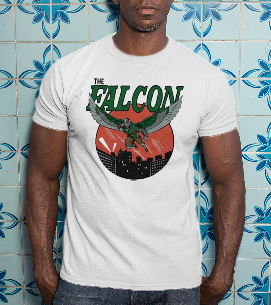 The Falcon Soaring Over City Skyline In Action-Packed Comic T-Shirt