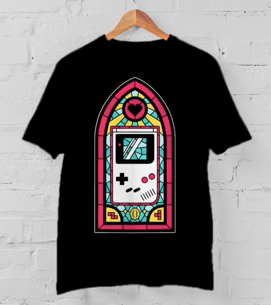 Game Boy 8-Bit Stained Glass Heart Coin Pixel Art Window T-Shirt