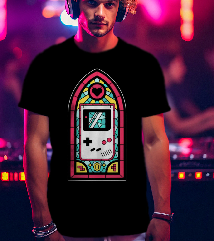 Game Boy 8-Bit Stained Glass Heart Coin Pixel Art Window T-Shirt