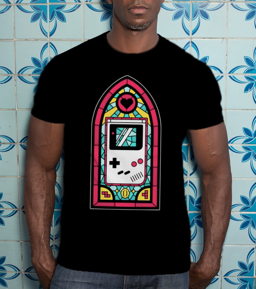 Game Boy 8-Bit Stained Glass Heart Coin Pixel Art Window T-Shirt