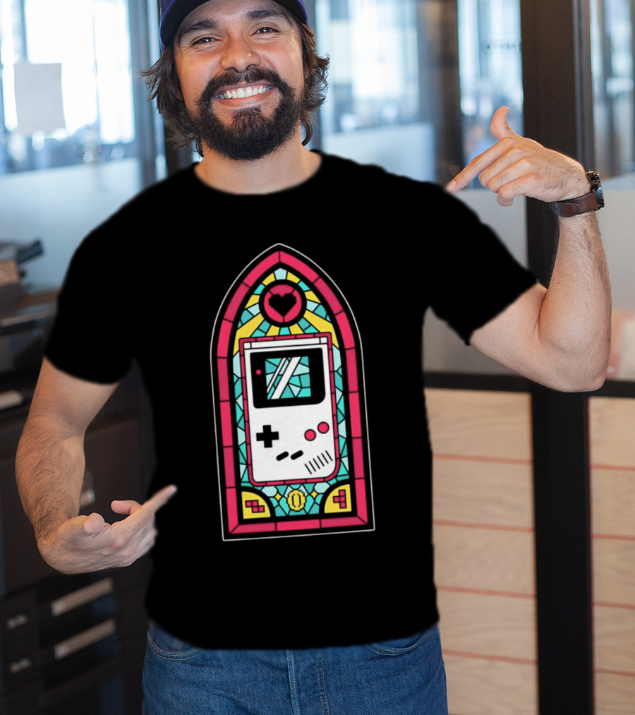 Game Boy 8-Bit Stained Glass Heart Coin Pixel Art Window T-Shirt