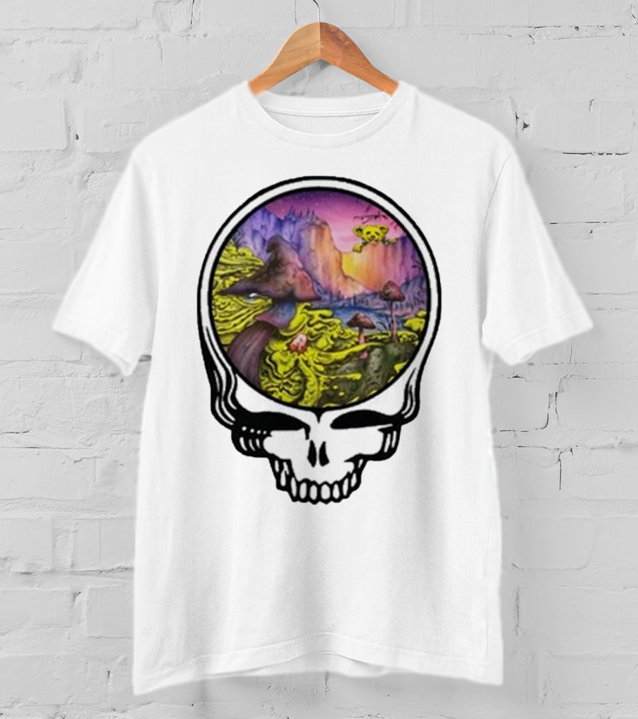 Grateful Dead Skull With Psychedelic Landscape And Mushrooms T-Shirt