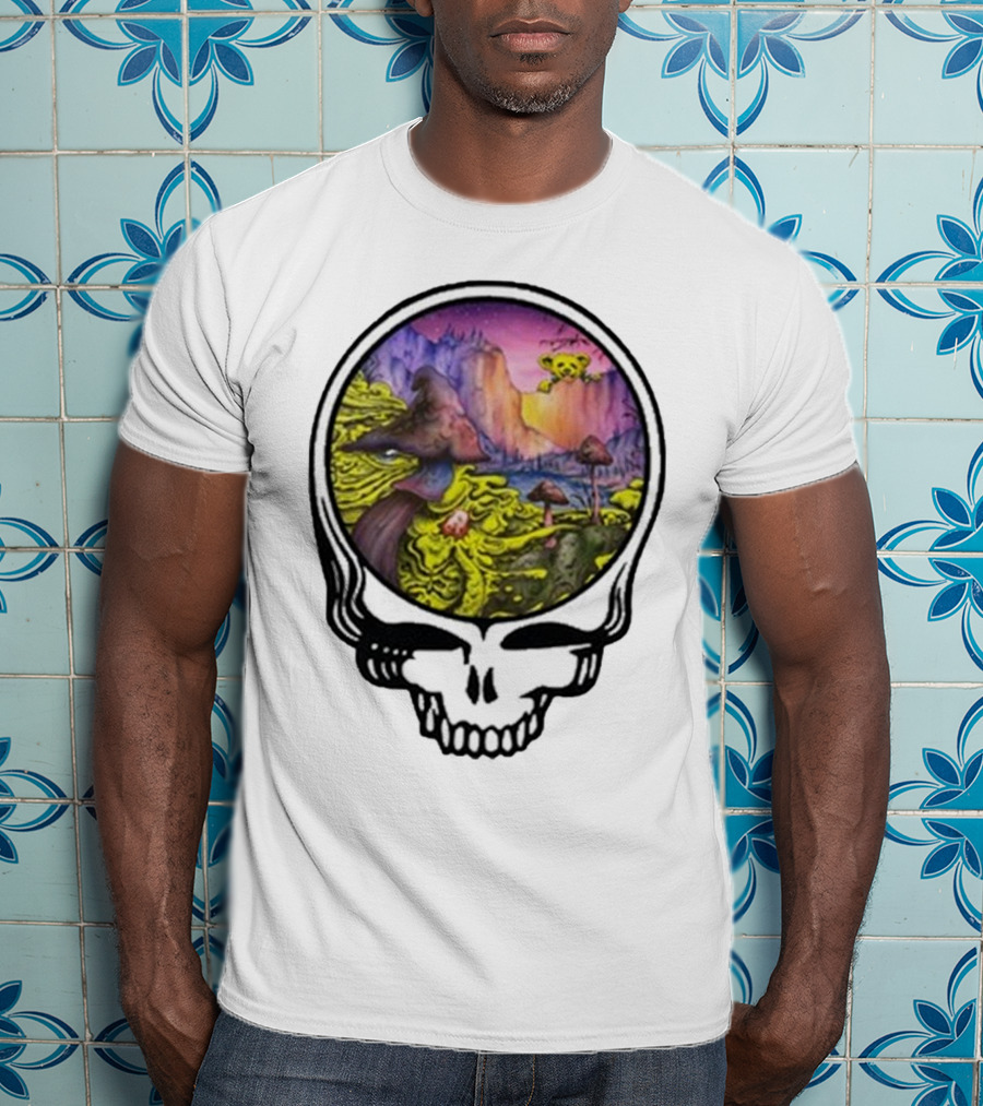 Grateful Dead Skull With Psychedelic Landscape And Mushrooms T-Shirt
