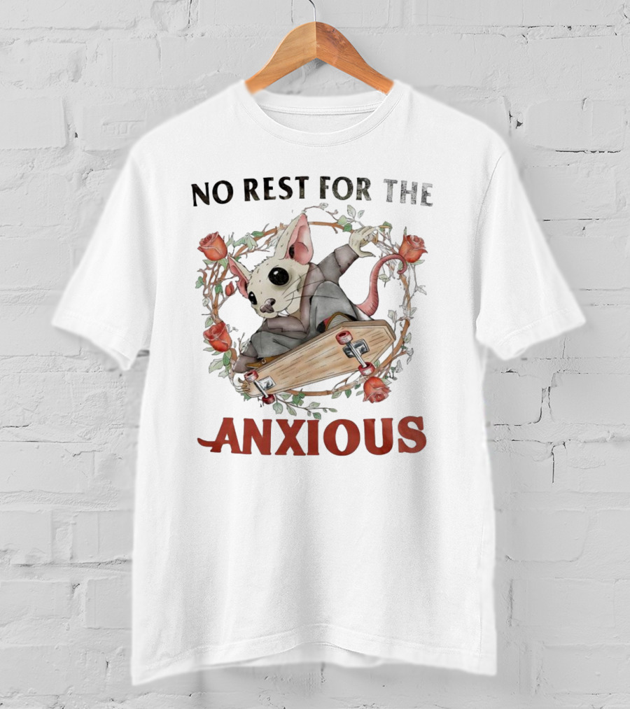 No Rest For The Anxious Rat In A Suit With Roses And Skateboard Coffin T-Shirt