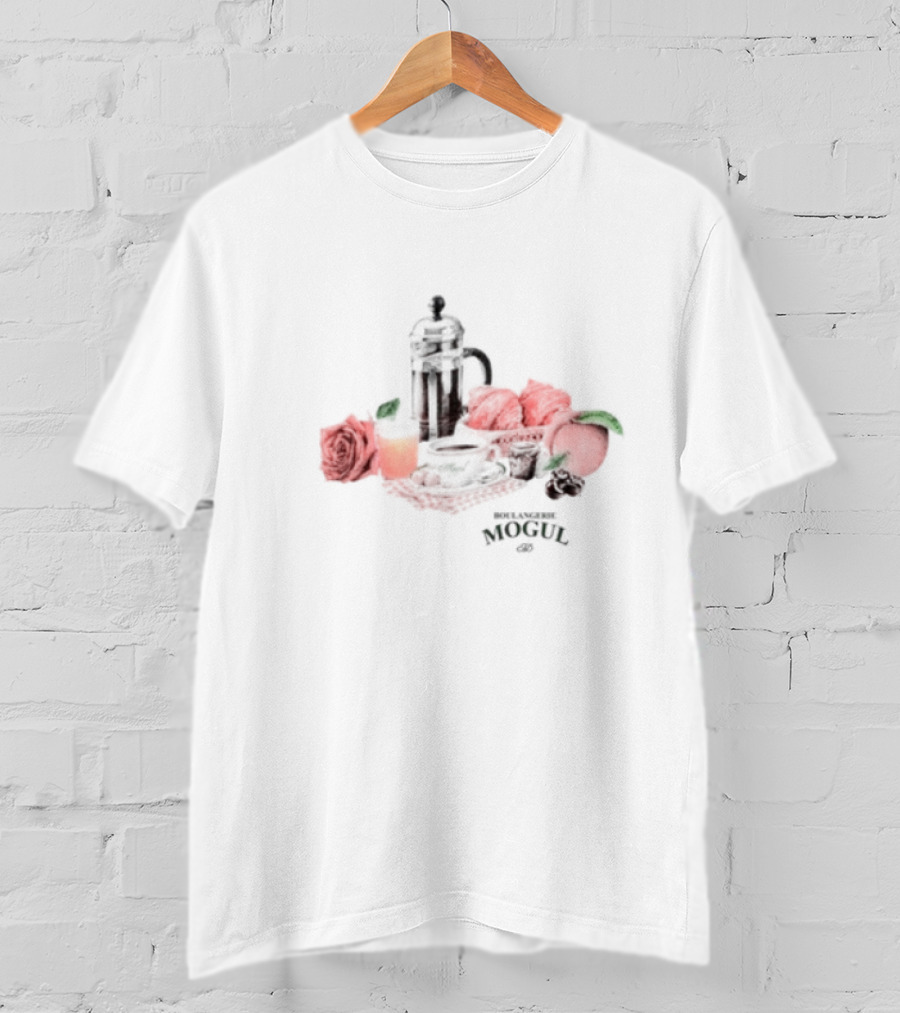 Boulangerie Mogul French Press Rose Croissant Breakfast T-Shirt