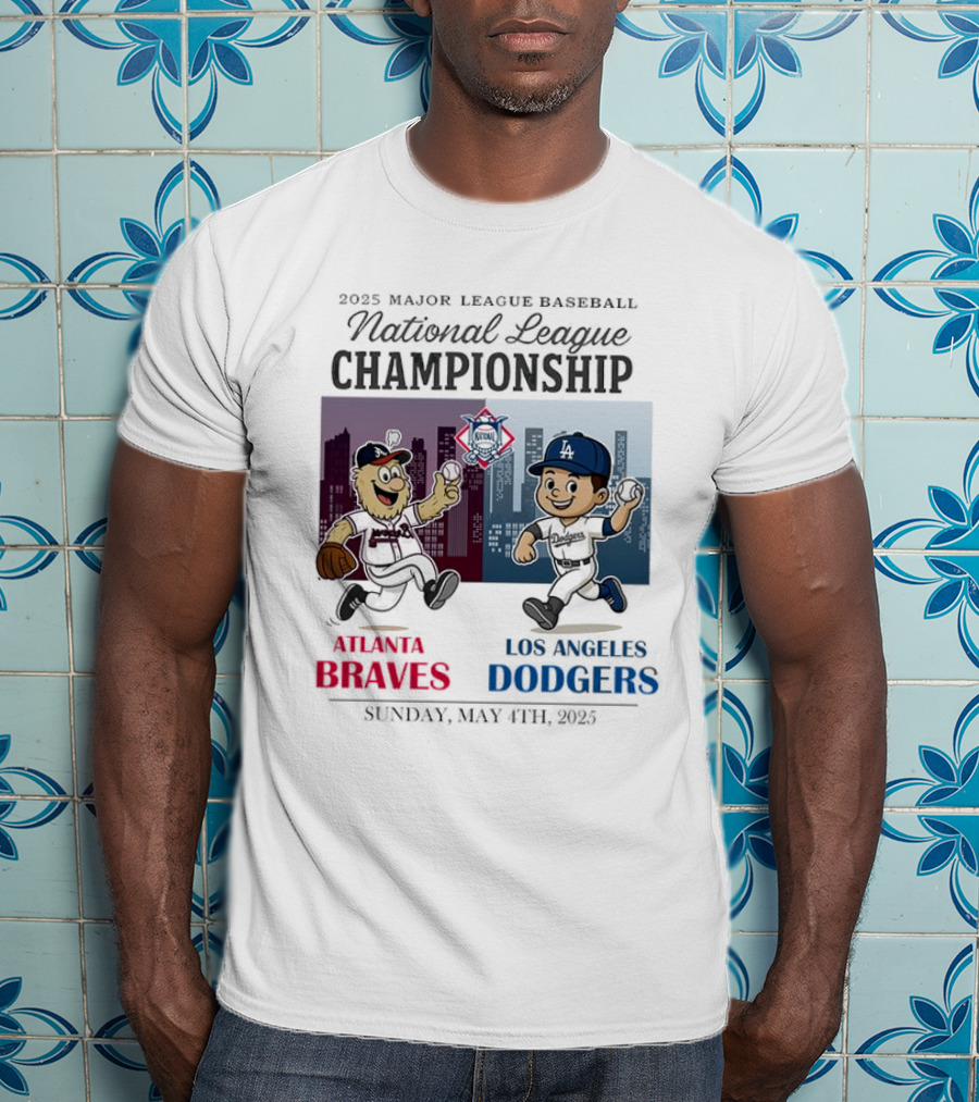 Atlanta Braves Los Angeles Dodgers National League 2025 Major League Baseball Skyline Cartoon Characters T-Shirt